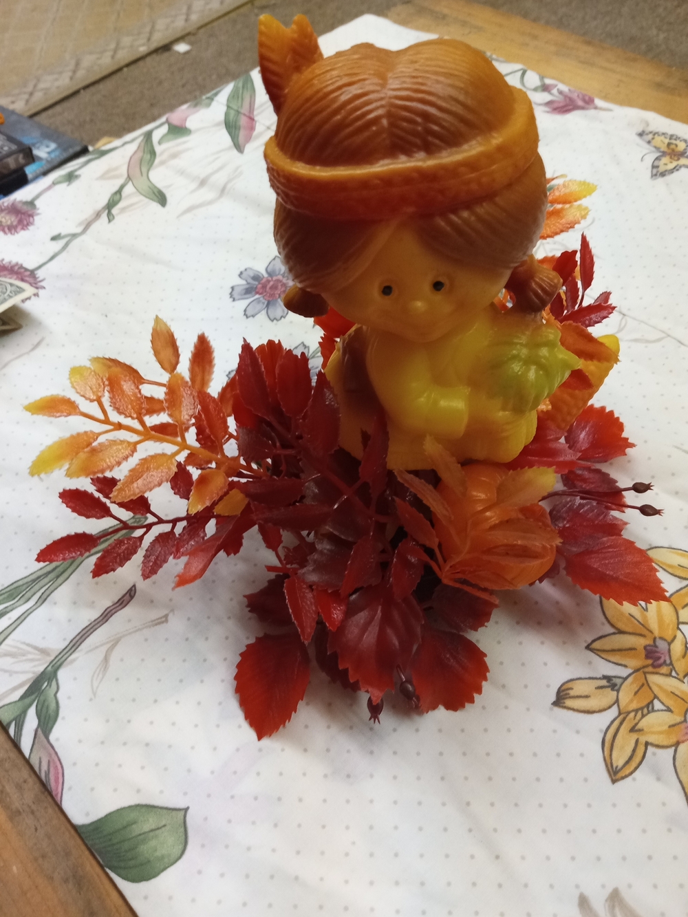 Autumn Harvest Blow Mold Decorative Figurine with Red and Orange Foliage
